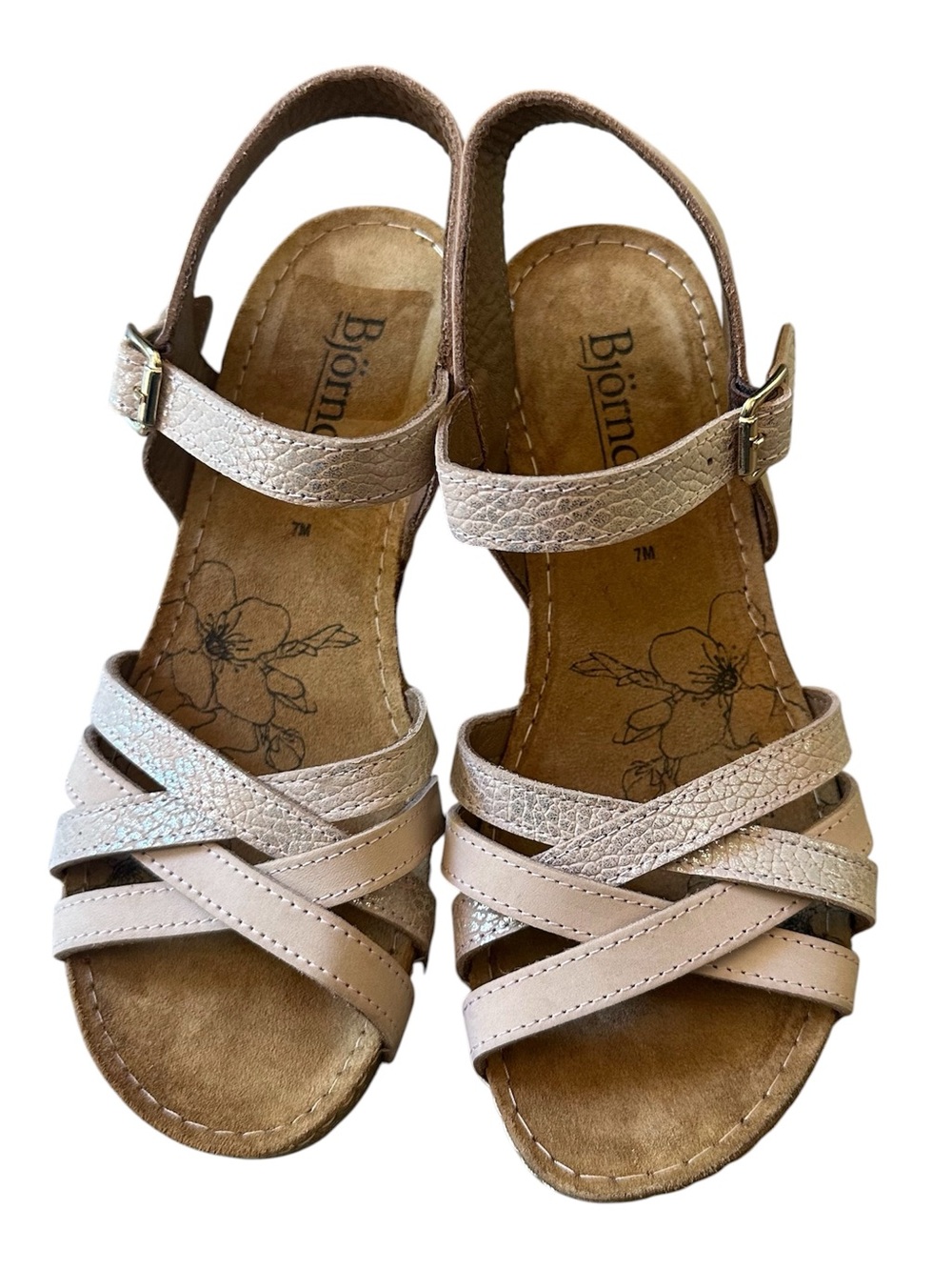 Bjorndal Leather Strappy Sandal Wedge Gold Cream Women’s Sz 7
